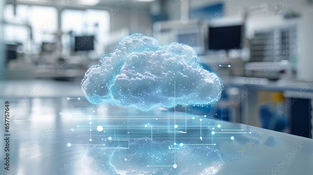 Poster a conceptual image illustrating cloud computing in healthcare, with a digital cloud symbolizing stor