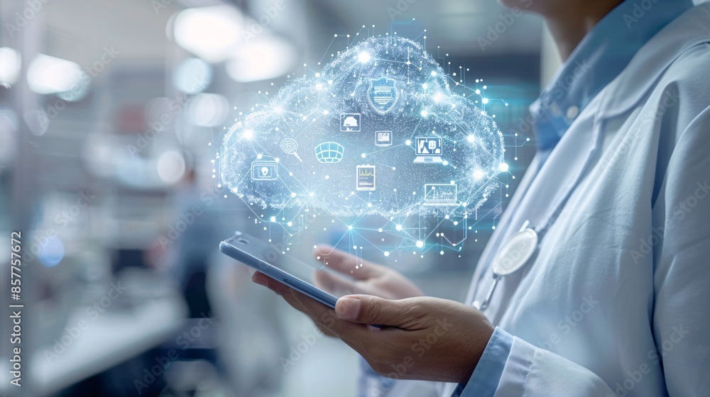 Poster a conceptual image illustrating cloud computing in healthcare, with a digital cloud symbolizing stor