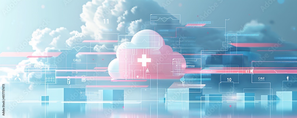 Poster in a visually compelling composition, health data flows into a cloud symbolizing cloud computing in 