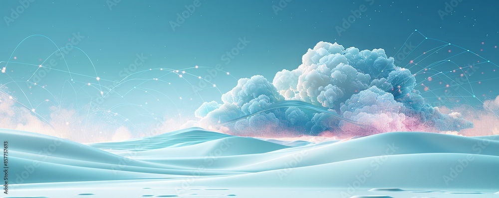 Poster in a visually compelling composition, health data flows into a cloud symbolizing cloud computing in 