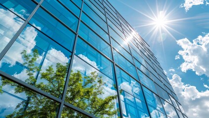 Ecofriendly glass office building designed for sustainability and reducing carbon footprint . Concept Sustainable Architecture, Green Building Design, Ecofriendly Practices