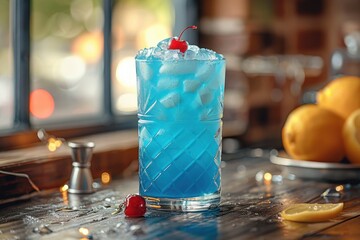 A blue lagoon cocktail in a highball glass, with blue curacao, vodka, and lemonade, garnished with...
