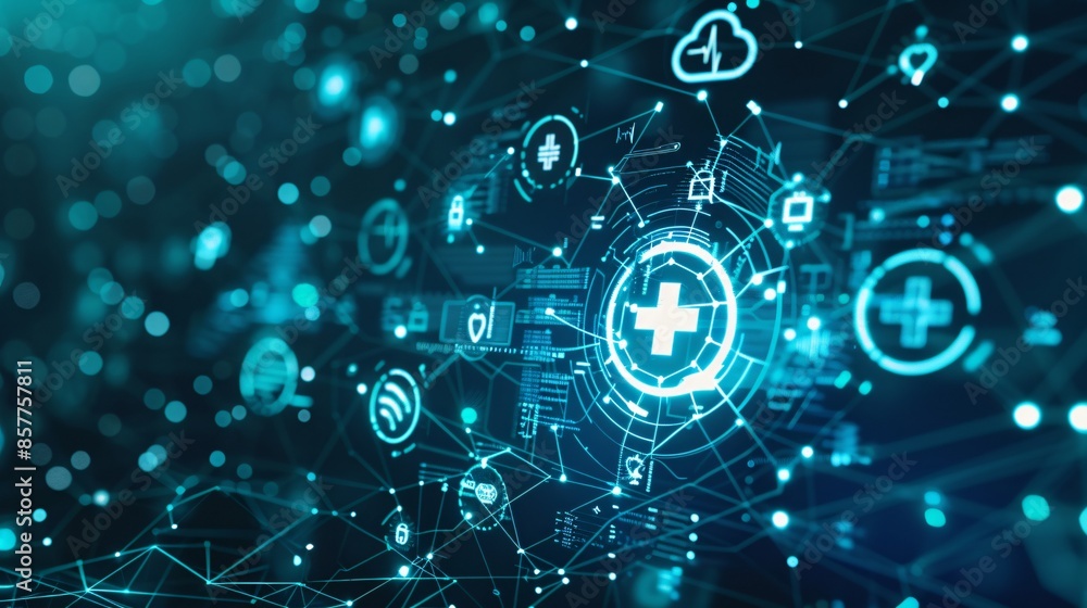 Poster a conceptual representation of cloud computing in healthcare, featuring a cloud icon surrounded by h