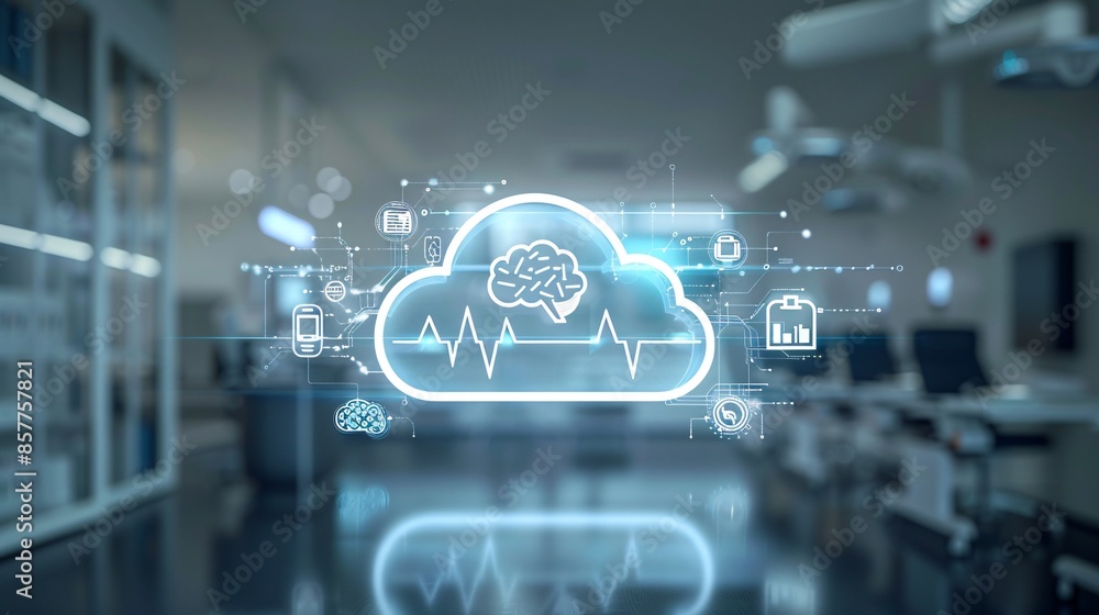 Aufkleber a conceptual representation of cloud computing in healthcare, featuring a cloud icon surrounded by h