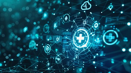 Obraz premium A conceptual representation of cloud computing in healthcare, featuring a cloud icon surrounded by health data symbols. The backdrop is sleek and modern, conveying the seamless integration of