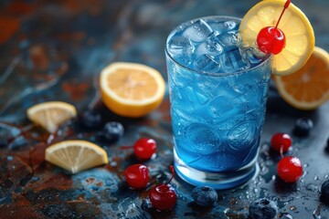 A blue lagoon cocktail in a highball glass, with blue curacao, vodka, and lemonade, garnished with...