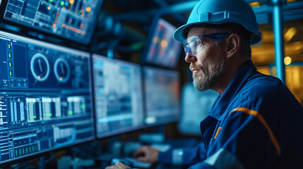 A specialized technician is meticulously inspecting the solar panel system in a control room. He is surrounded by monitors displaying operational data.