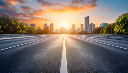 Obraz premium Modern Cityscapes of big city with Open Road at Sunrise
