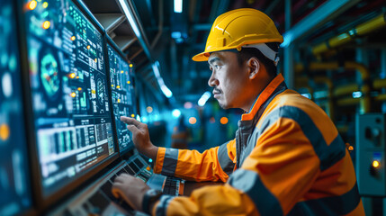 A specialized technician is meticulously inspecting the solar panel system in a control room. He is surrounded by monitors displaying operational data.