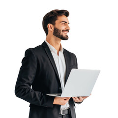 Smiling young businessman standing while holding laptop looking away on transparency background PNG
