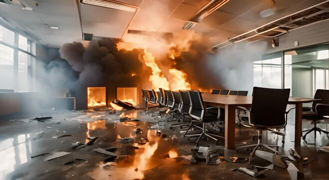 The office meeting room caught fire due to an electrical short circuit