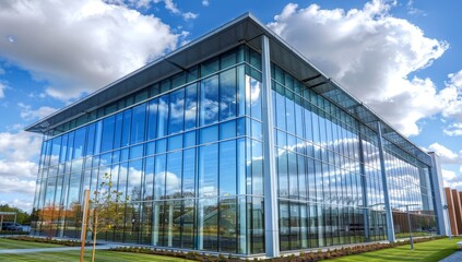 Obraz premium Ecofriendly glass office building designed for sustainability and reducing carbon footprint . Concept Sustainable Architecture, Green Building Design, Ecofriendly Practices