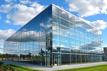 Ecofriendly glass office building designed for sustainability and reducing carbon footprint . Concept Sustainable Architecture, Green Building Design, Ecofriendly Practices