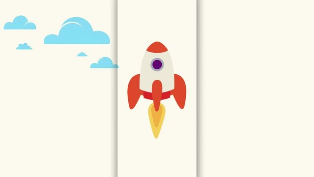 animation of a rocket launching into space through blue clouds