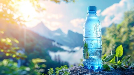 Sunlit plastic water bottle in misty mountain valley illuminated by bright sunbeam - Powered by Adobe