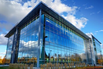 Fototapeta premium Ecofriendly glass office building designed for sustainability and reducing carbon footprint . Concept Sustainable Architecture, Green Building Design, Ecofriendly Practices