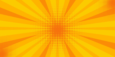 Orange comic background with sun burst and dot halftone. Cartoon funny retro pattern strip mock up. Vector halftone illustration. Vintage backdrop for comic superhero text, speech bubble, message.