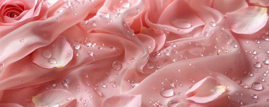 Soft pink fabric with rose petals and water drops creating an elegant and romantic mood