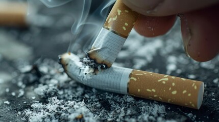 Healthy lifestyle concept  man breaking cigarette, promoting well being and quitting smoking