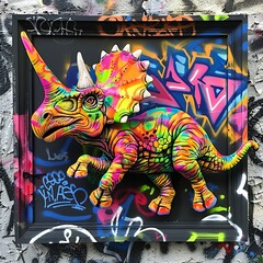 A colorful dinosaur is painted on a wall with graffiti