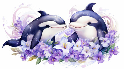 Delight in cartoon whales frolicking in the ocean among vibrant coral reefs and colorful fish.