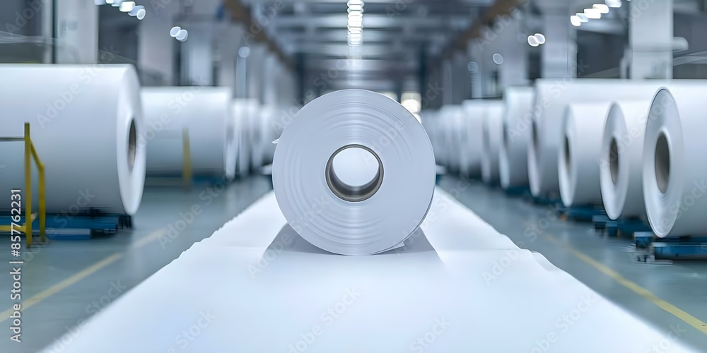 Aufkleber machines in paper production plant automatically roll paper into finished rolls. concept automated m