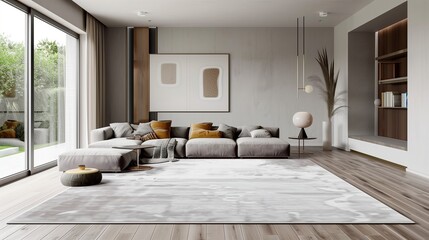 Fototapeta premium A chic living room with a minimalist design, featuring a single, large minimalist rug with a subtle grey and white pattern