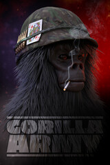 A striking digital artwork depicting a gorilla in military gear, complete with a camouflage helmet adorned with a Queen of Hearts playing card and bullets.