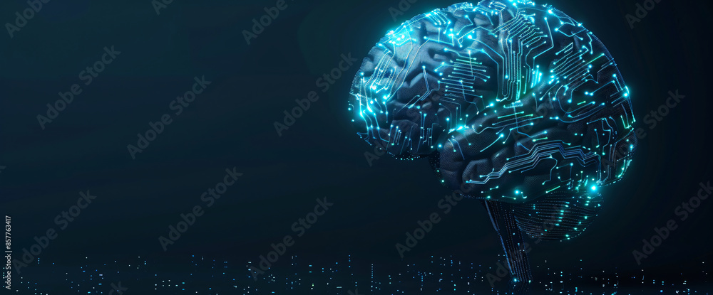 Poster 3d rendering of human brain made from circuit board, ai concept on black background with copy space 