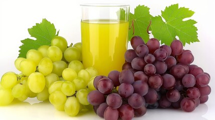 Fototapeta premium Glass of grape juice with vibrant green and yellow grape clusters on a clean white background