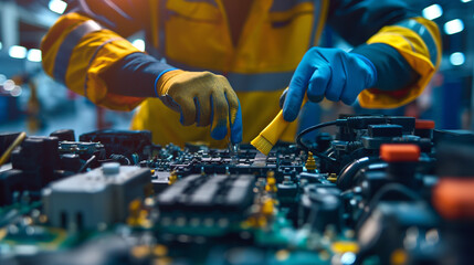 
Technician cleaning car battery terminals with a brush, emphasizing maintenance in a well-lit workshop