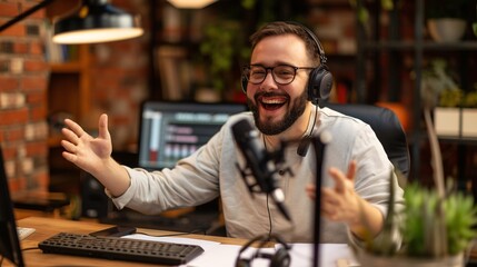 A cheerful radio host gesturing while speaking into a microphone in a broadcasting studio.