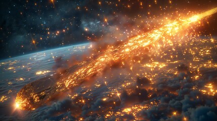 Obraz premium Comet passing through space, its icy nucleus glowing with reflected sunlight, a long tail of gas and dust trailing behind