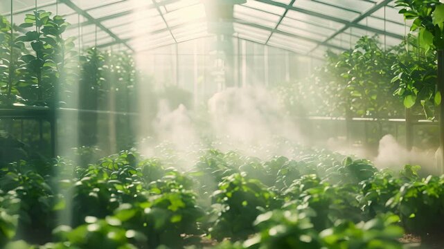 A misting system in a greenhouse releasing a mixture of natural deterrents to repel pests.
