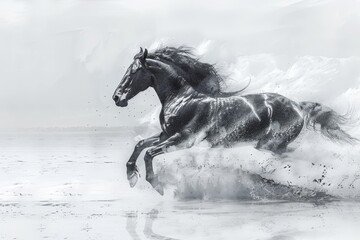 Obraz premium Expressive black horse wildlife watercolor art with abstract realism and unique brushwork