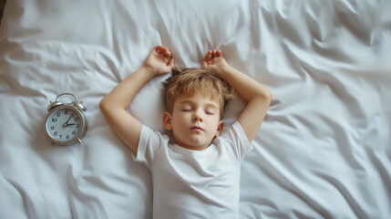 Fototapeta premium Little boy sleeping in white bed with alarm clock