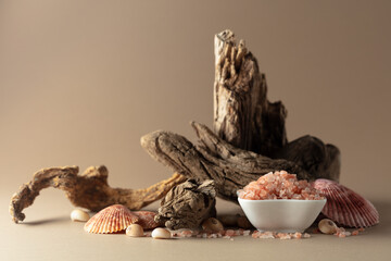 Pink himalayan salt with snags and seashells on a beige background.