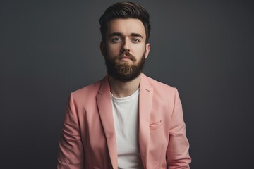 Obraz premium `Photo of an attractive male model with a beard wearing a pink blazer and a white t-shirt, facing the camera, standing in front of a photo studio light background, with a 35mm lens at an f/2 aperture,