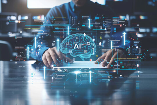 Artificial intelligence concept with business man holding hologram icon of artificial smart technology and data elements on virtual screen background, text "AI"