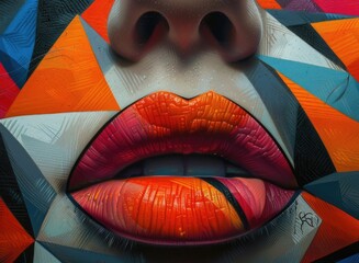 Face of a young female with creative body art. Colorful mosaic of triangles and geometry on the face of a woman