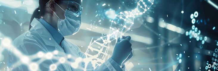 Medical professional studying DNA structure in futuristic laboratory