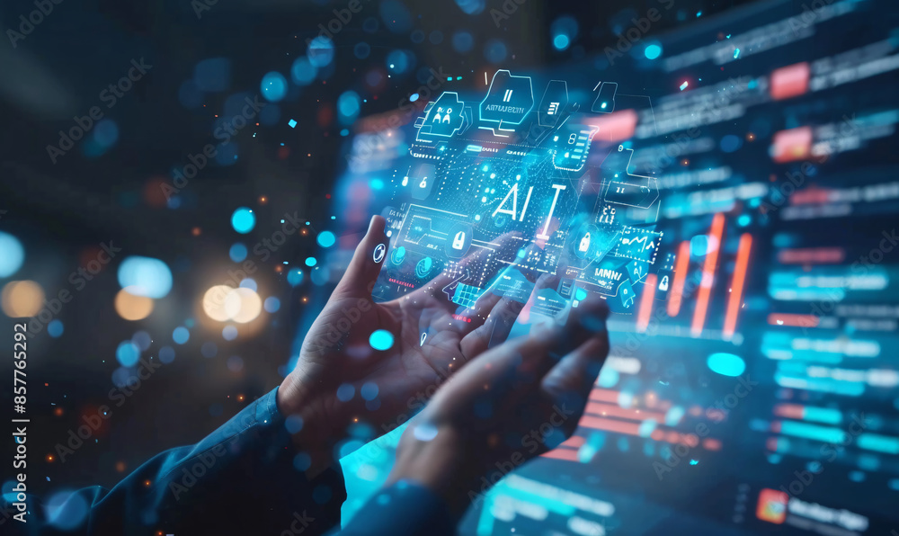 Poster digital brain with holographic finger touching, hand pointing on digital interface and mechanical ar