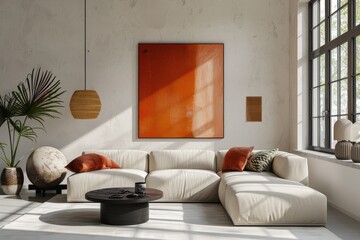 Modern minimalistic living room interior with terracotta accents and large windows