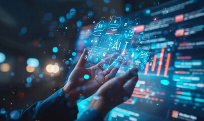 Digital brain with holographic finger touching, hand pointing on digital interface and mechanical arm or robot hand touch the virtual icon of human brain at futuristic technology