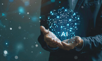 Artificial intelligence concept with business man holding hologram icon of artificial smart technology and data elements on virtual screen background, text "AI"