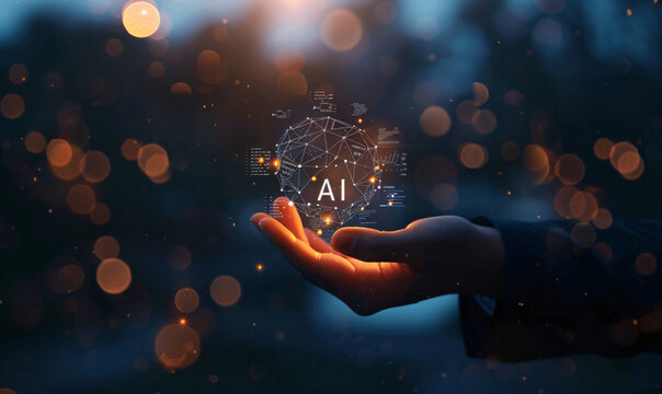 Artificial intelligence concept with business man holding hologram icon of artificial smart technology and data elements on virtual screen background, text "AI"