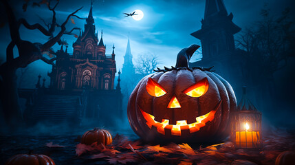 A Halloween pumpkin head jack lantern glows with a burning candle inside. It illuminated by the light of a full moon in a spooky forest and a graveyard. Generative AI.