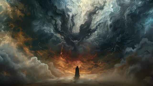 A creature of duality a mixture of light and shadow stands stal in the center of a dreamscape keeping the balance between dreams and nightmares.