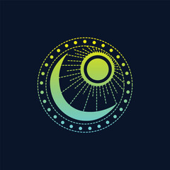 Crescent moon and sun logo vector line