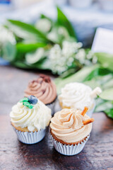 Assorted cupcakes with various frosting and decorative toppings